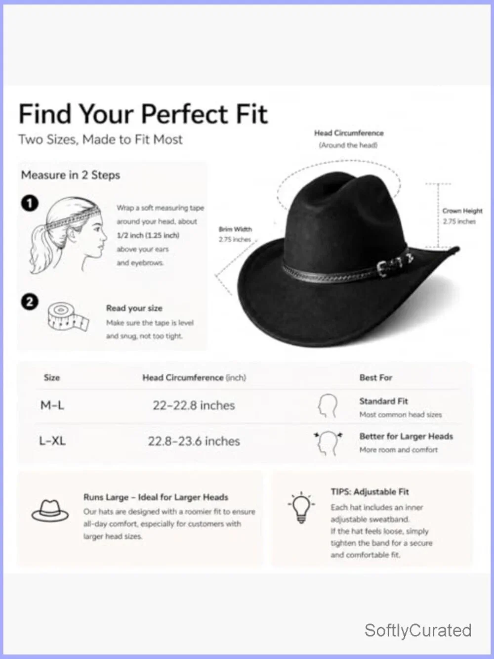 Wide Brim Cowboy Hat with 2 Detachable Bands, Felt, Adjustable